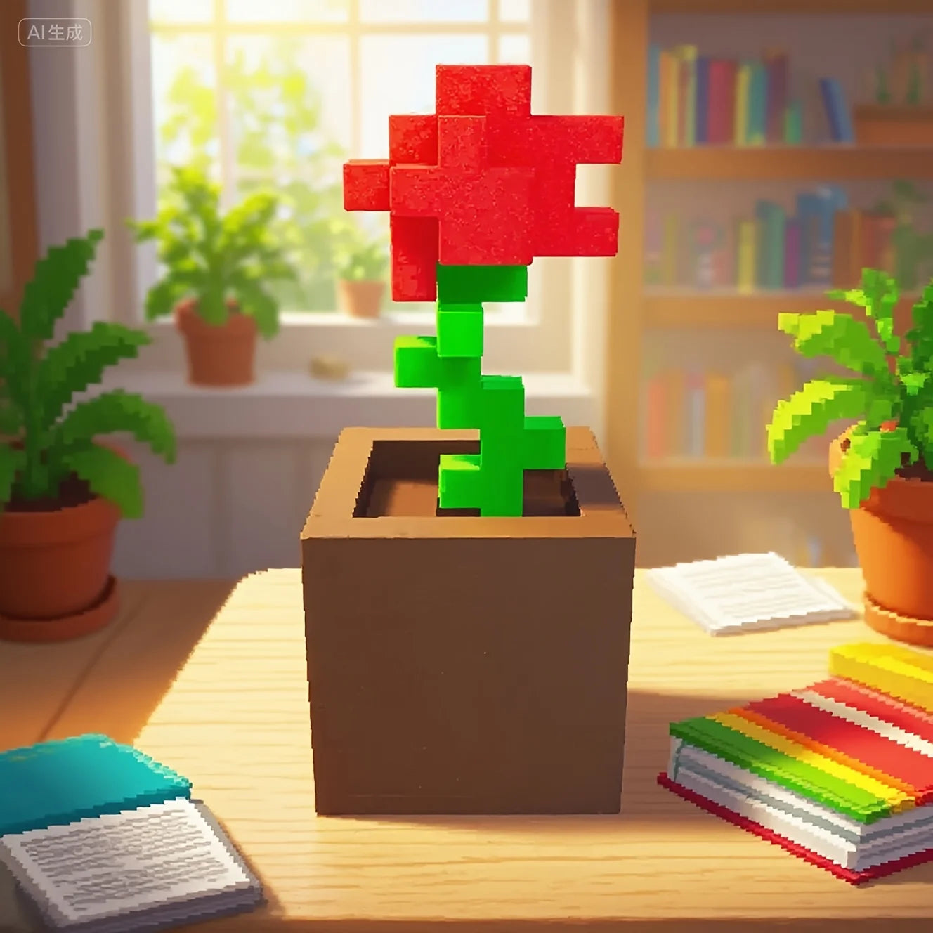 1 Piece Pixel Rose Flower Ornament, 3D Printed Unique Flower Decoration, Plastic Product, Suitable for Bedside Table, Desktop