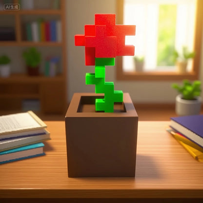 1 Piece Pixel Rose Flower Ornament, 3D Printed Unique Flower Decoration, Plastic Product, Suitable for Bedside Table, Desktop