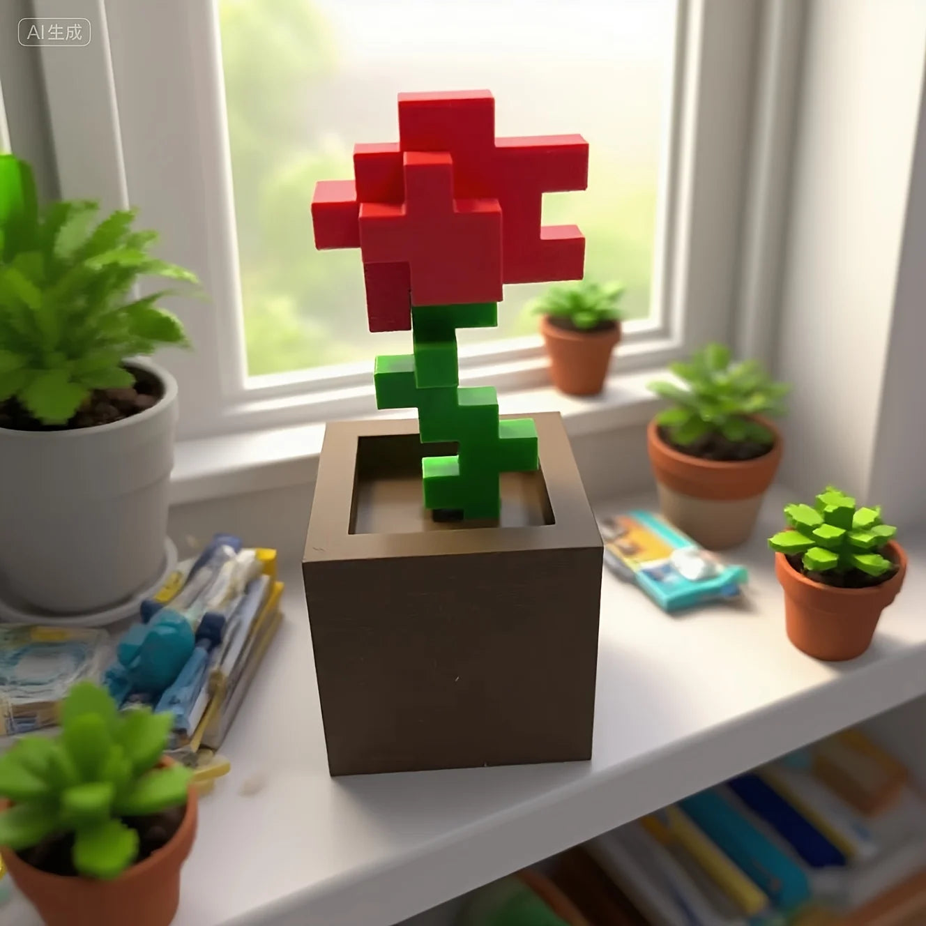 1 Piece Pixel Rose Flower Ornament, 3D Printed Unique Flower Decoration, Plastic Product, Suitable for Bedside Table, Desktop