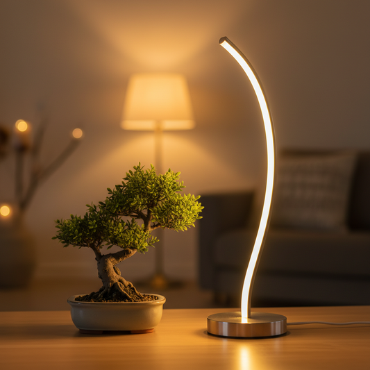 Lampka nastrojowa LED na biurku obok bonsai